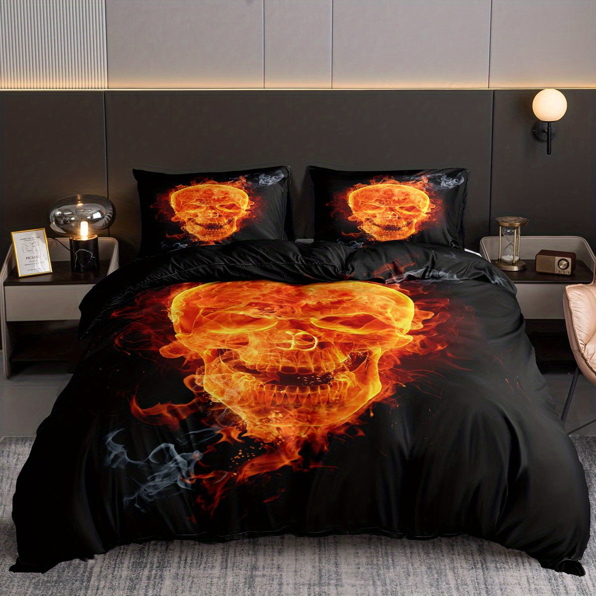 3pcs  Goth Style Duvet Cover Set - Soft and Comfortable Bedding with Flame Skull and Motorcycle Candles Print - Perfect for Bedroom and Guest Room Decor (1 Duvet Cover + 2 Pillowcases)