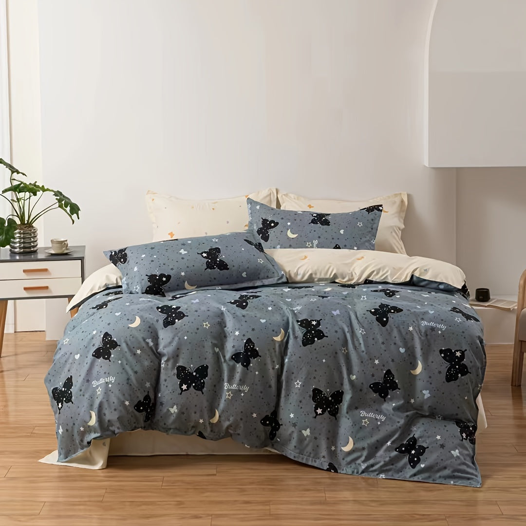 3pcs Duvet Cover Set (1*Duvet Cover + 2*Pillowcase, Without Core), Fashion Black Butterfly Moon Star Print Bedding Set, Soft Comfortable Duvet Cover, For Bedroom, Guest Room