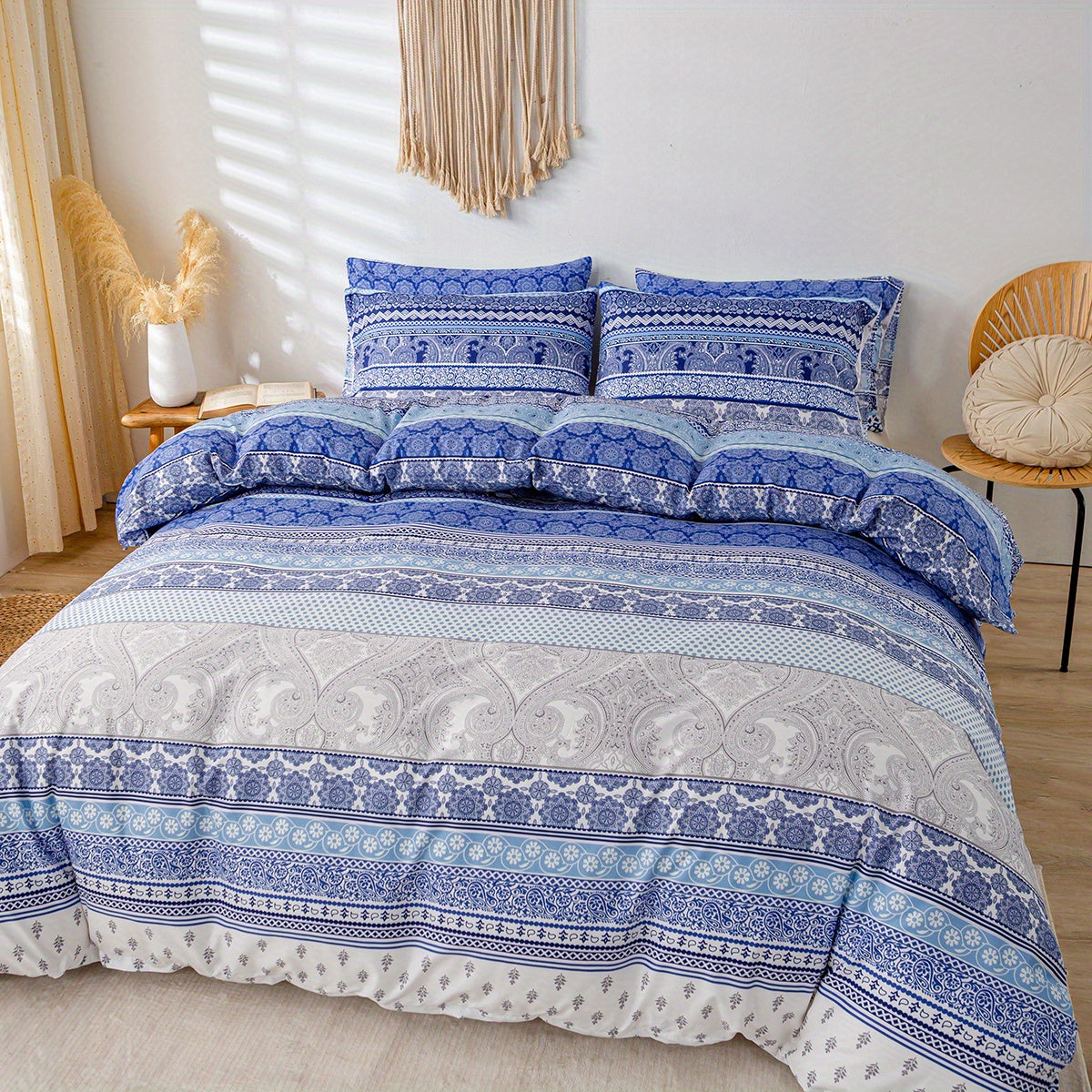 3pcs Boho Blue Print Duvet Cover Set - Soft and Comfortable Bedding for Bedroom and Guest Room - Includes 1 Duvet Cover and 2 Pillowcases (Core Not Included)