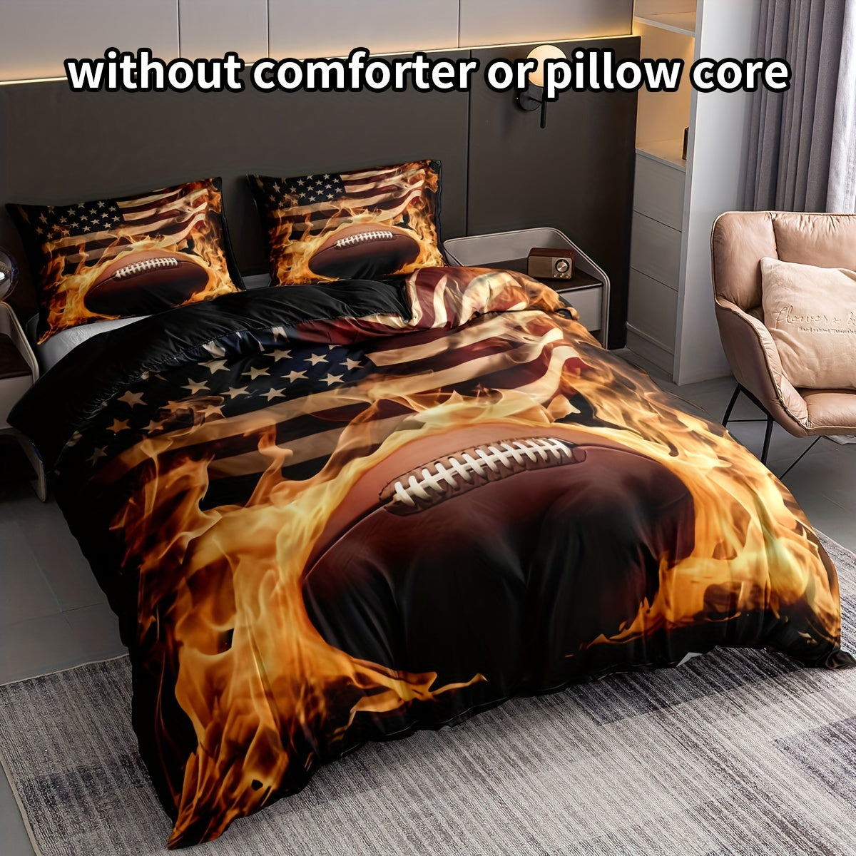 3pcs Duvet Cover Set (1*Duvet Cover + 2*Pillowcase, Without Core), American Flag Flame Rugby Print Bedding Set, Soft Comfortable Duvet Cover, For Bedroom, Guest Room