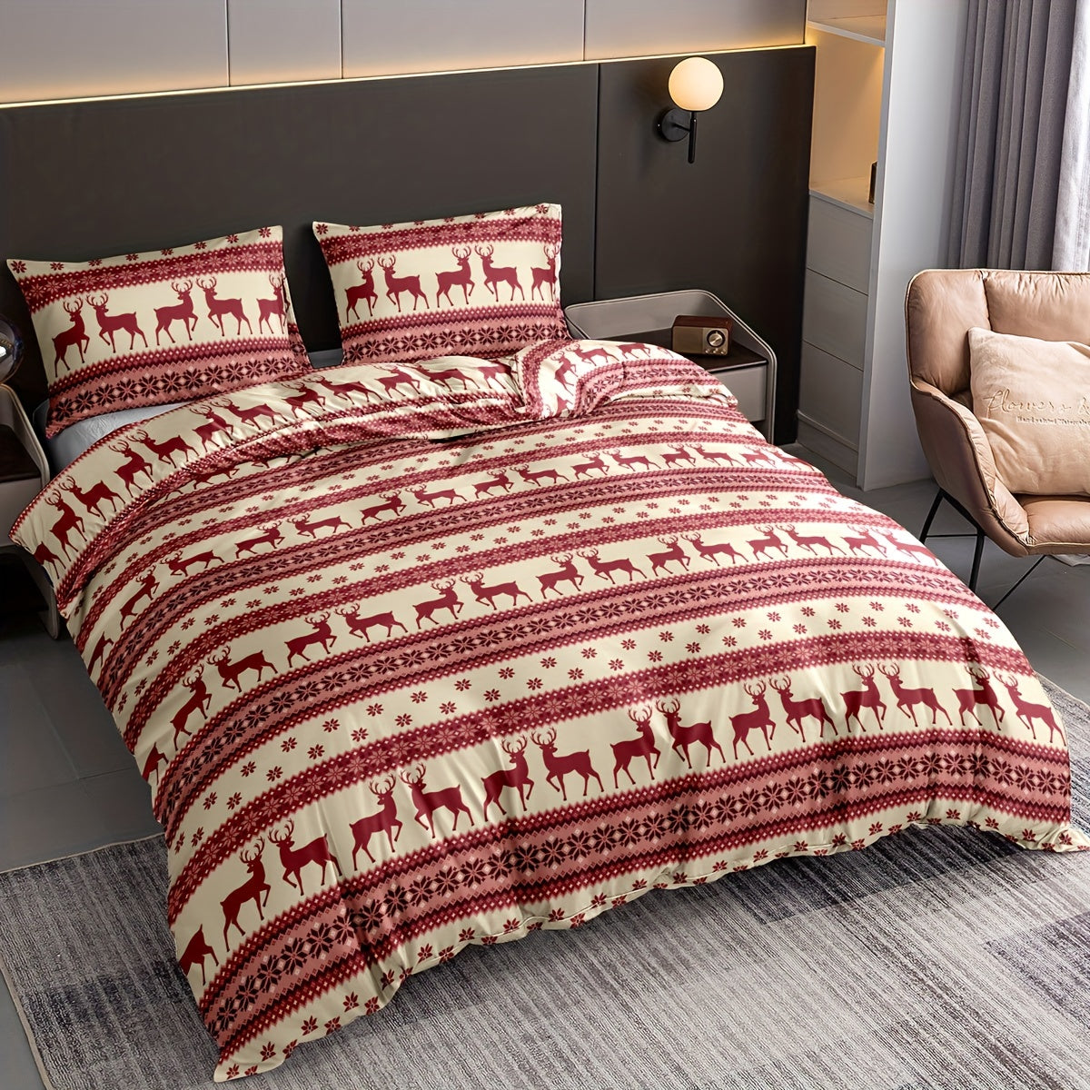 3pcs Christmas Duvet Cover Set, Reindeer Striped Print Bedding Set, Soft Comfortable Duvet Cover, For Bedroom, Guest Room (1*Duvet Cover + 2*Pillowcase, Without Core)