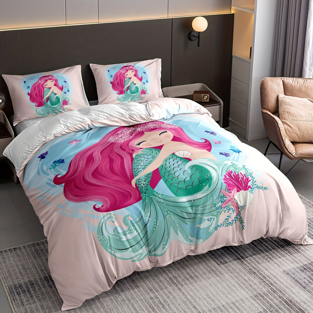 3pcs Cartoon Mermaid Print Duvet Cover Set For  Bedroom, Girls Bedroom, And Guest Room, Soft And Comfortable Bedding, Gift For Family And Friends (1*duvet Cover + 2*pillowcase, No Core)