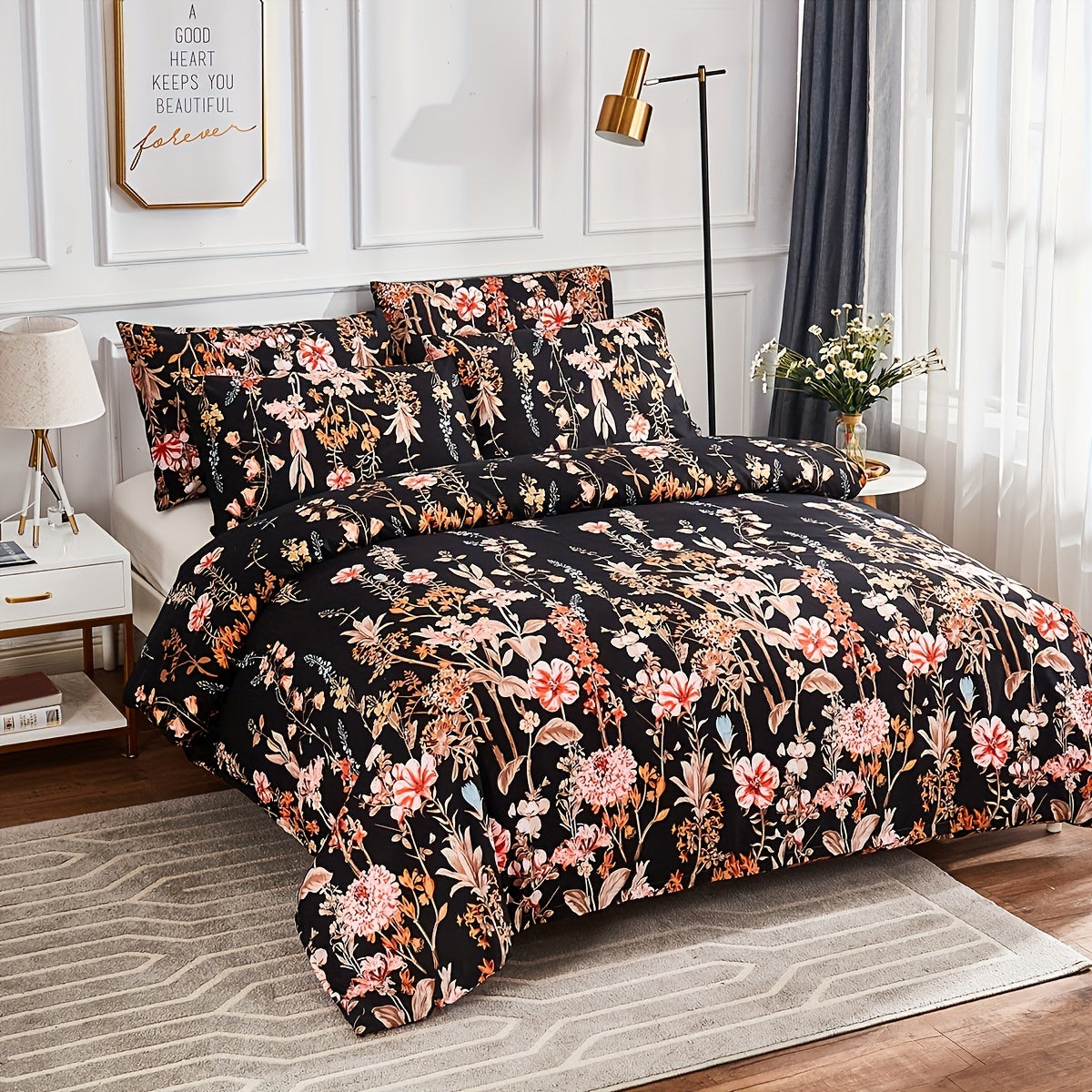 3pcs Black Flower Printed Bedding Set, 1pc * Duvet Cover + 2pcs * Pillowcase, Without Pillow Core